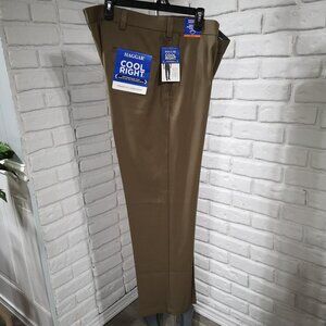 NWT Haggar Cool Right Men's Size 42/32 Flat Front Straight Fit Tan Pants